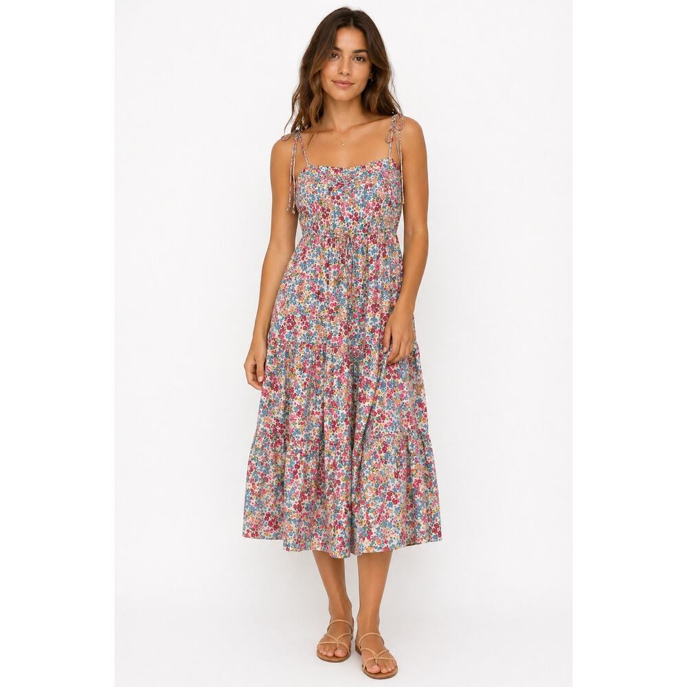 Stellah NYD Tie Shoulder Floral Cotton Tiered Maxi Dress L Boho NWT